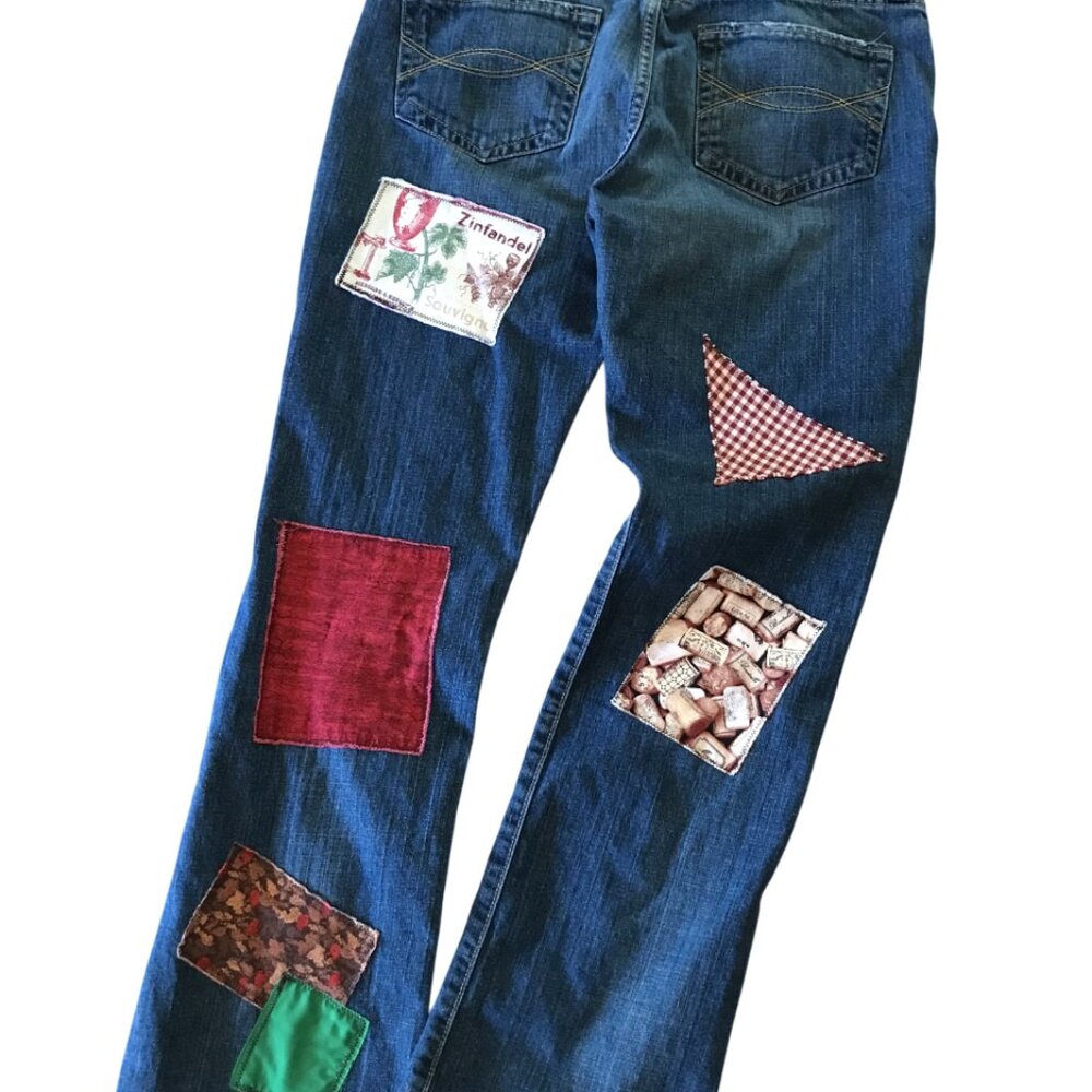 Upcycled Patchwork Jeans: Wine Theme Boho Hippie … - image 2